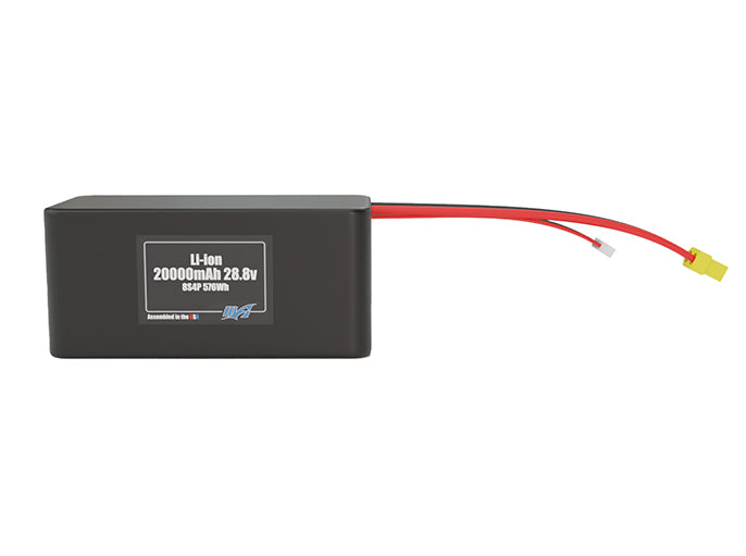 Front-facing render of the 28.8V 20000mAh 8S4P Lithium-Ion battery, assembled in the USA by maxamps, for drone and robotics applications.
