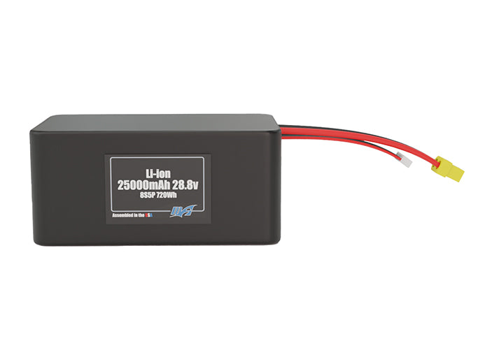 Front-facing render of the 28.8V 25000mAh 8S5P Lithium-Ion battery, assembled in the USA by maxamps, for drone and robotics applications.