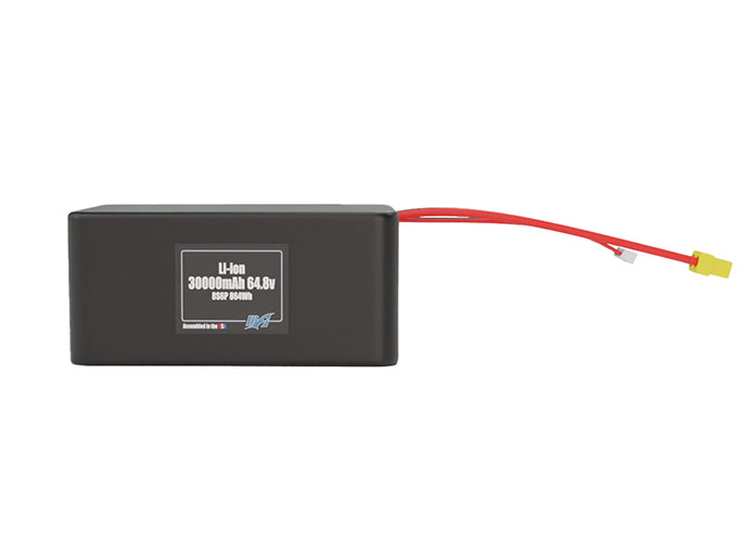 Front-facing render of the 28.8V 30000mAh 8S6P Lithium-Ion battery, assembled in the USA by maxamps, for drone and robotics applications.