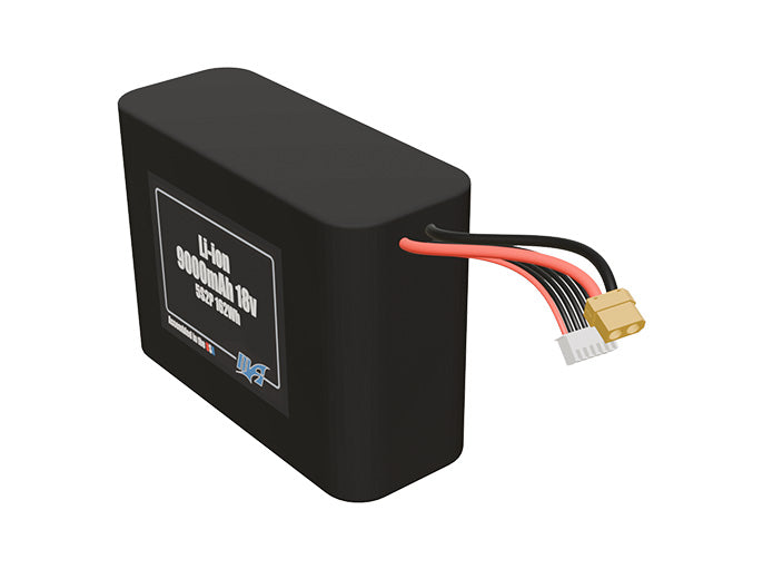 Angled product render of the 9000mAh ten-cell Li-ion pack. A lightweight energy source for UAV, drone, and robotic builds.