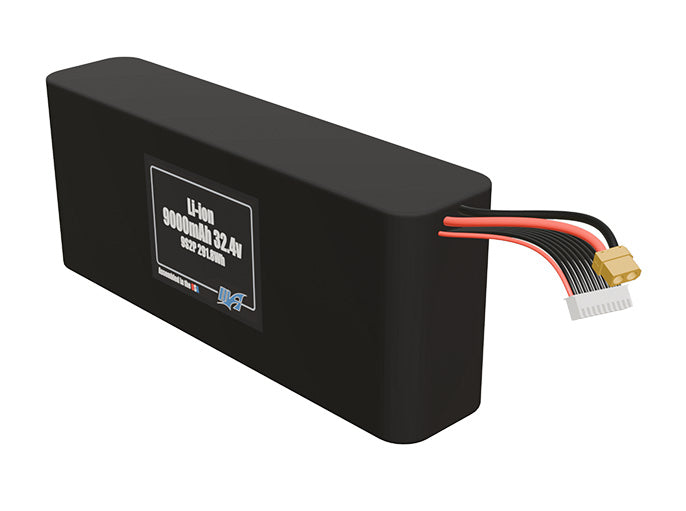 Angled product render of the 9000mAh eighteen-cell Li-ion pack. A lightweight energy source for UAV, drone, and robotic builds.