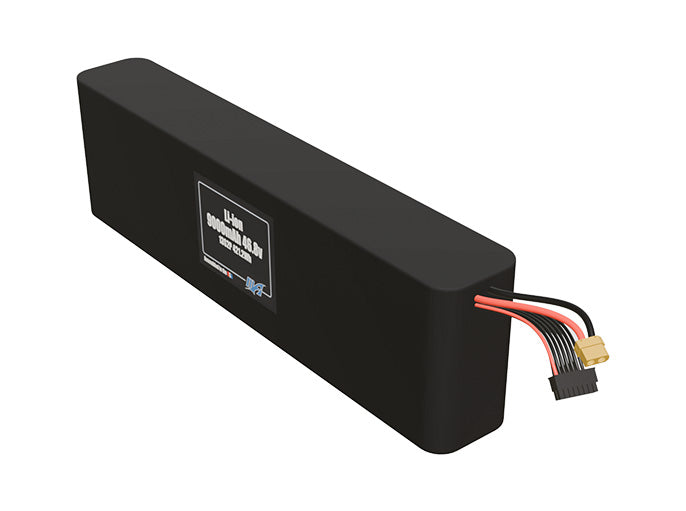 Angled product render of the 9000mAh twenty-six-cell Li-ion pack. A lightweight energy source for UAV, drone, and robotic builds.