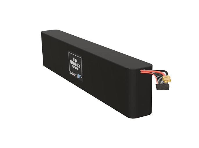 Angled product render of the 9000mAh thirty-four-cell Li-ion pack. A lightweight energy source for UAV, drone, and robotic builds.