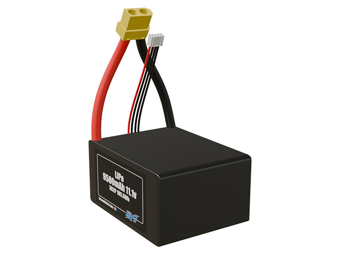 Angled product render of the 9500mAh 6-cell LiPo pack. A lightweight energy source for UAV, drone, and robotic builds.