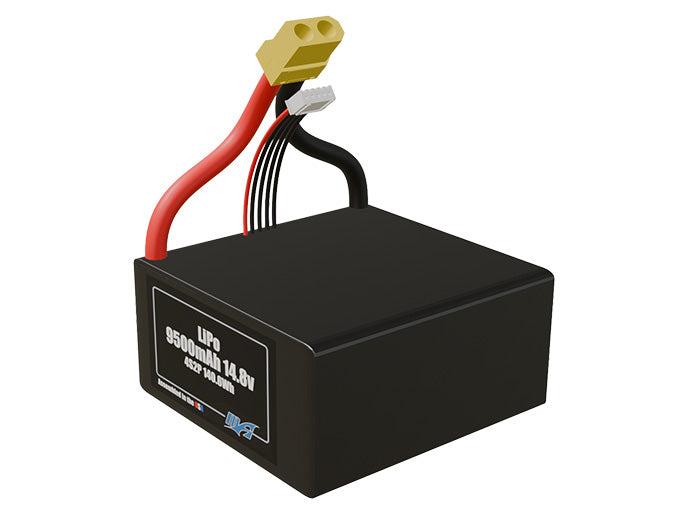 Angled product render of the 9500mAh 8-cell LiPo pack. A lightweight energy source for UAV, drone, and robotic builds.