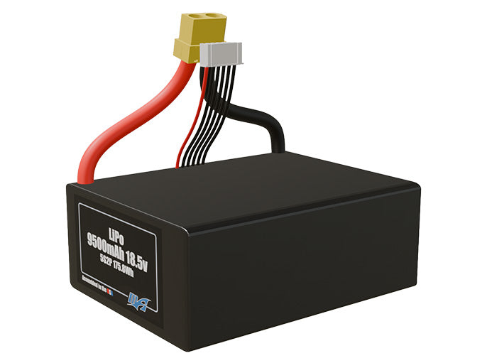 Angled product render of the 9500mAh 10-cell LiPo pack. A lightweight energy source for UAV, drone, and robotic builds.