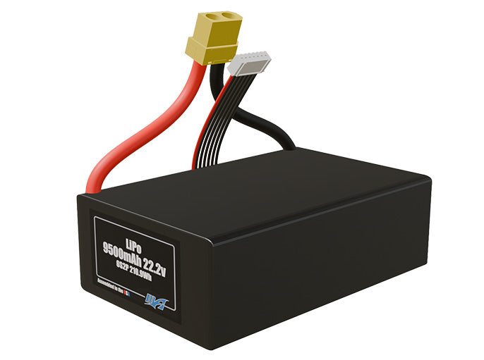 Angled product render of the 9500mAh 12-cell LiPo pack. A lightweight energy source for UAV, drone, and robotic builds.