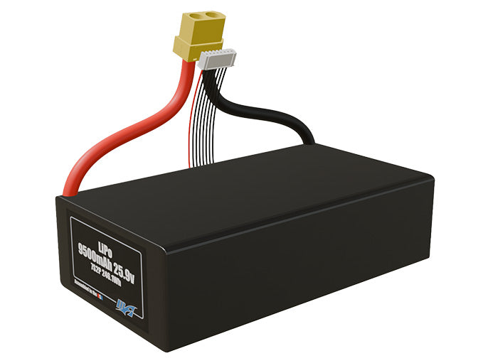 Angled product render of the 9500mAh 14-cell LiPo pack. A lightweight energy source for UAV, drone, and robotic builds.