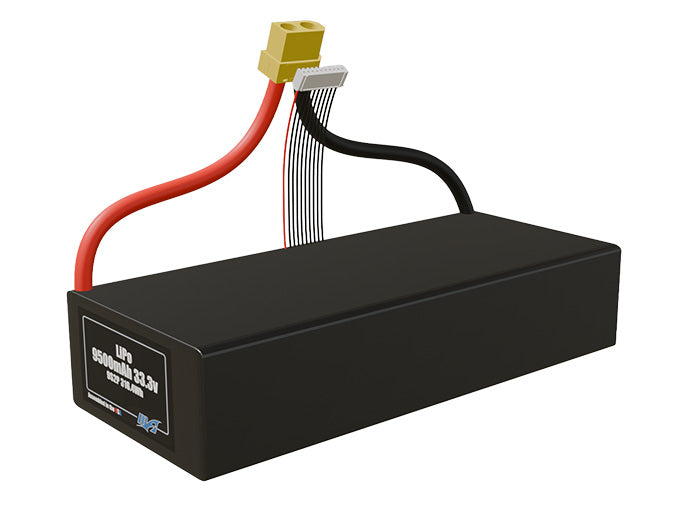 Angled product render of the 9500mAh 18-cell LiPo pack. A lightweight energy source for UAV, drone, and robotic builds.