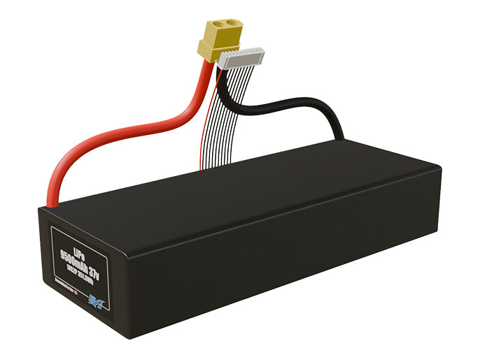 Angled product render of the 9500mAh 20-cell LiPo pack. A lightweight energy source for UAV, drone, and robotic builds.
