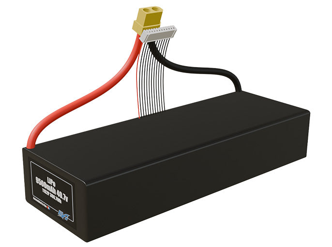 Angled product render of the 9500mAh 22-cell LiPo pack. A lightweight energy source for UAV, drone, and robotic builds.