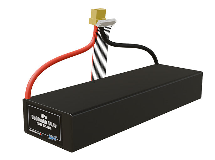 Angled product render of the 9500mAh 24-cell LiPo pack. A lightweight energy source for UAV, drone, and robotic builds.