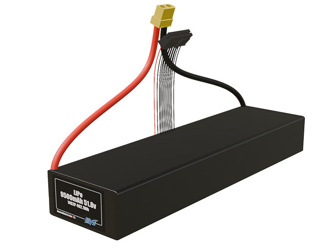 Angled product render of the 9500mAh 28-cell LiPo pack. A lightweight energy source for UAV, drone, and robotic builds.