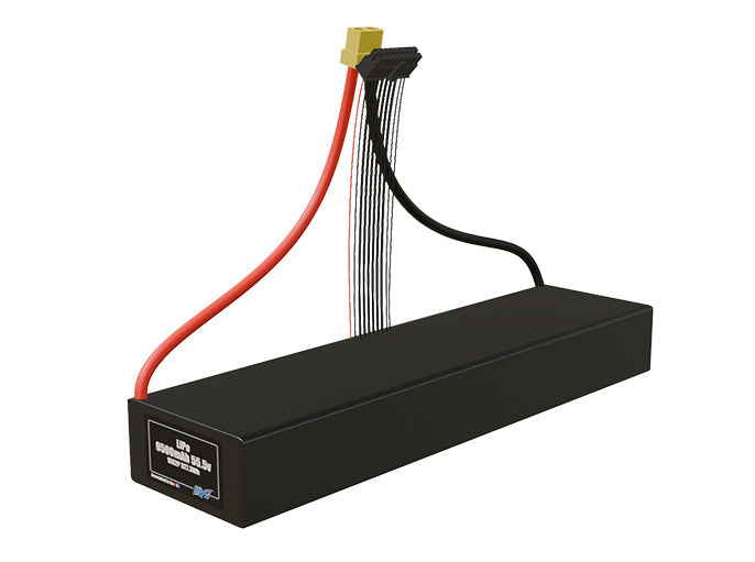 Angled product render of the 9500mAh 30-cell LiPo pack. A lightweight energy source for UAV, drone, and robotic builds.