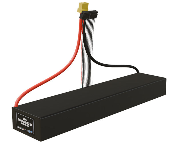Angled product render of the 9500mAh 34-cell LiPo pack. A lightweight energy source for UAV, drone, and robotic builds.