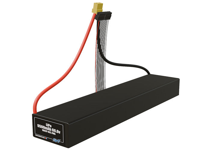 Angled product render of the 9500mAh 36-cell LiPo pack. A lightweight energy source for UAV, drone, and robotic builds.