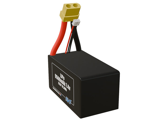 Angled product render of the 9500mAh 4-cell LiPo pack. A lightweight energy source for UAV, drone, and robotic builds.