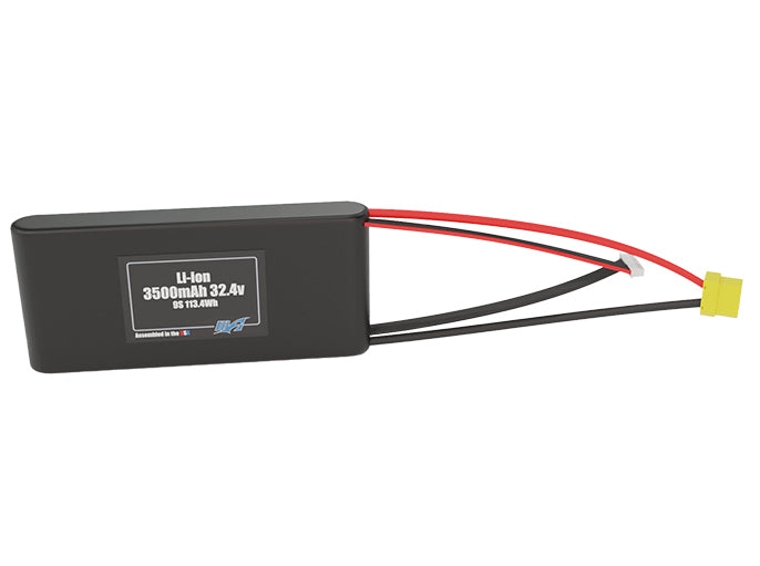 Front-facing render of the 32.4V 3500mAh 9S Li-ion battery, assembled in the USA by maxamps, for drone and robotics applications.