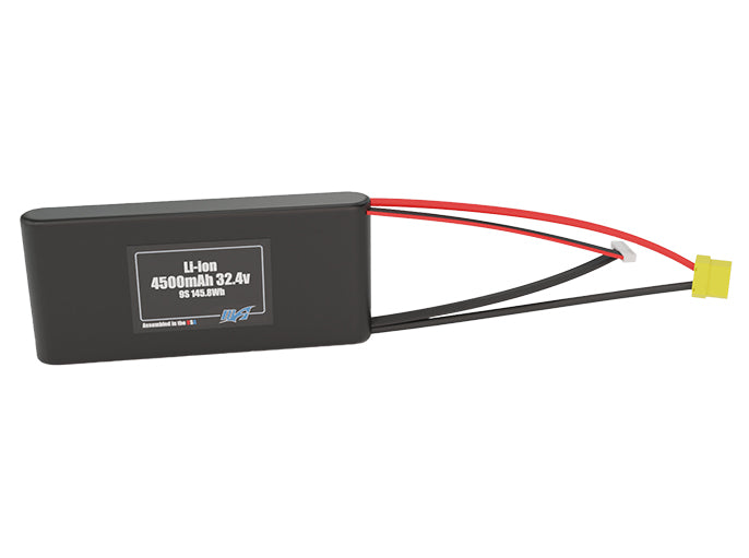 Front-facing render of the 32.4V 4500mAh 9S Li-ion battery, assembled in the USA by maxamps, for drone and robotics applications.