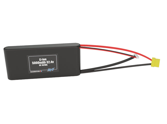 Front-facing render of the 32.4V 5000mAh 9S Li-ion battery, assembled in the USA by maxamps, for drone and robotics applications.