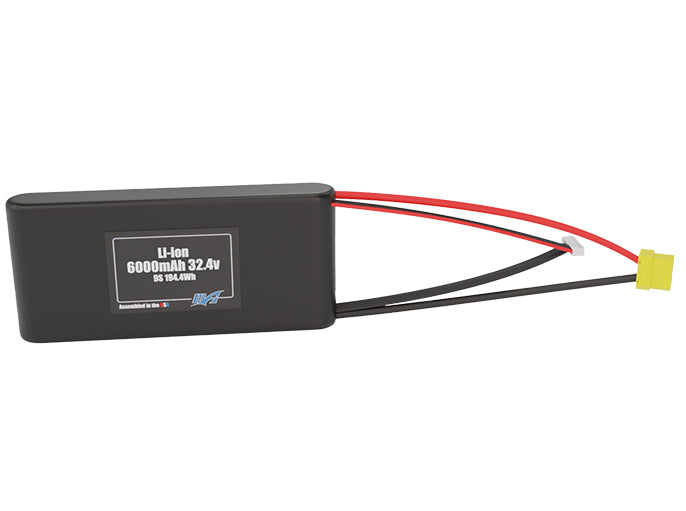 Front-facing render of the 32.4V 6000mAh 9S Li-ion battery, assembled in the USA by maxamps, for drone and robotics applications.