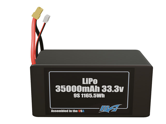 Front-facing render of the 33.3V 35000mAh 9S LiPo battery, assembled in the USA by maxamps, for drone and robotics applications.