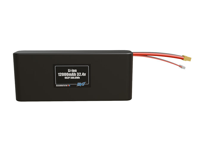 Front-facing render of the 32.4V 12000mAh 9S2P Li-ion battery, assembled in the USA by maxamps, for drone and robotics applications.