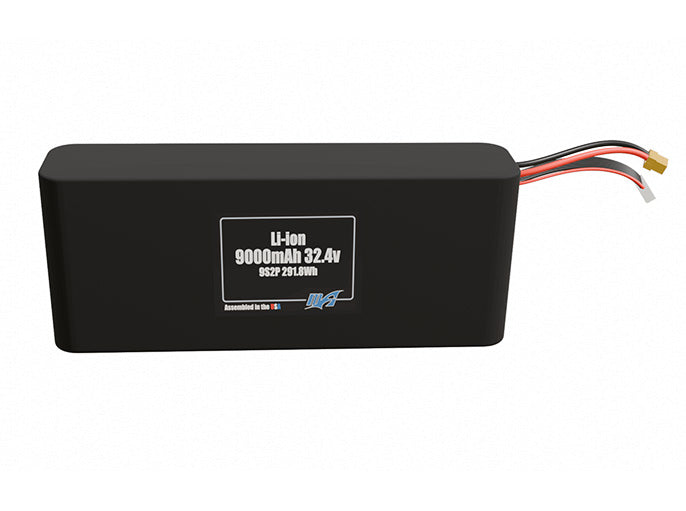 Front-facing render of the 32.4V 9000mAh 9S2P Li-ion battery, assembled in the USA by maxamps, for drone and robotics applications.
