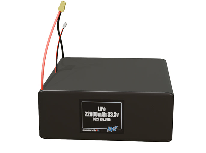 Front-facing render of the 33.3V 22000mAh 9S2P LiPo battery, assembled in the USA by maxamps, for drone and robotics applications.