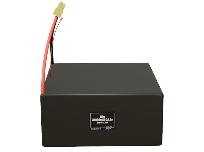 Front-facing render of the 33.3V 34000mAh 9S2P LiPo battery, assembled in the USA by maxamps, for drone and robotics applications.