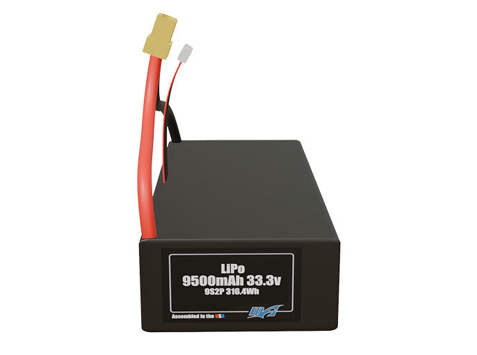 Front-facing render of the 33.3V 9500mAh 9S2P LiPo battery, assembled in the USA by maxamps, for drone and robotics applications.