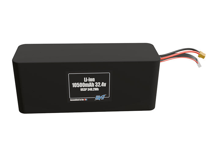 Front-facing render of the 32.4V 10500mAh 9S3P Li-ion battery, assembled in the USA by maxamps, for drone and robotics applications.