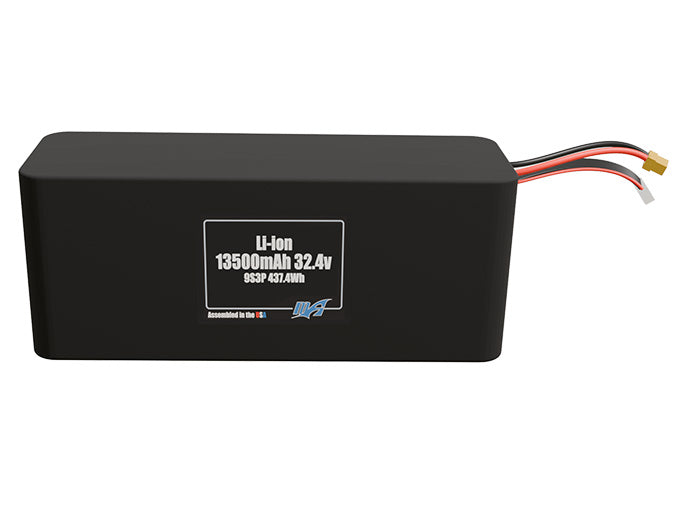 Front-facing render of the 32.4V 13500mAh 9S3P Lithium-Ion battery, assembled in the USA by maxamps, for drone and robotics applications.
