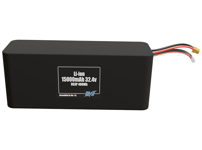 Front-facing render of the 32.4V 15000mAh 9S3P Lithium-Ion battery, assembled in the USA by maxamps, for drone and robotics applications.