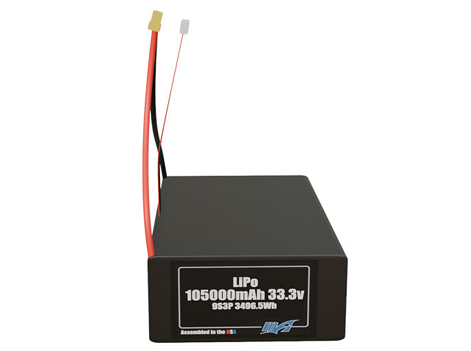 Front-facing render of the 33.3V 105000mAh 9S3P LiPo battery, assembled in the USA by maxamps, for drone and robotics applications.