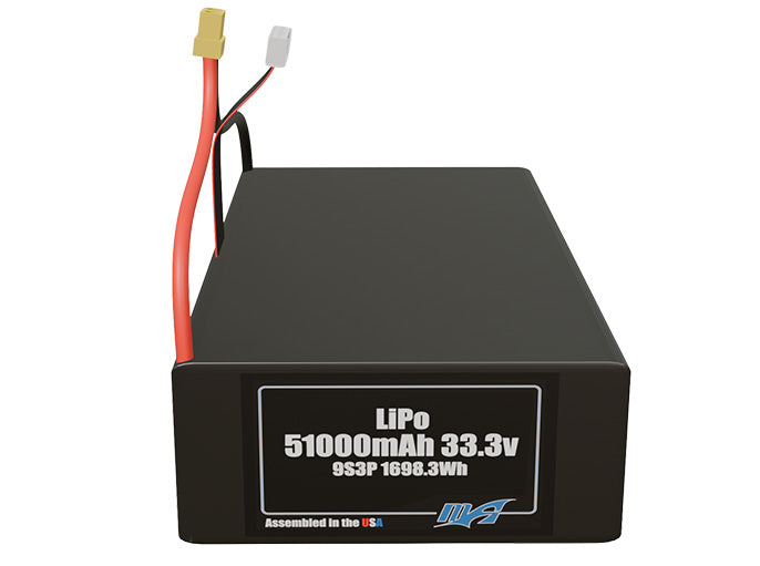 Front-facing render of the 33.3V 51000mAh 9S3P LiPo battery, assembled in the USA by maxamps, for drone and robotics applications.