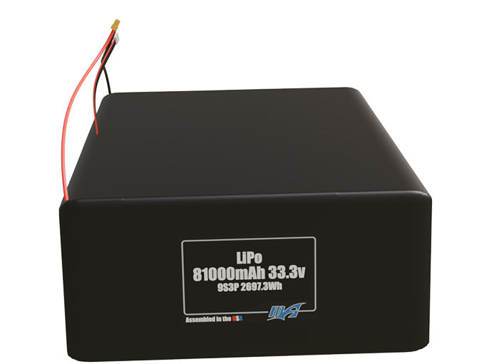 Front-facing render of the 33.3V 81000mAh 9S3P LiPo battery, assembled in the USA by maxamps, for drone and robotics applications.