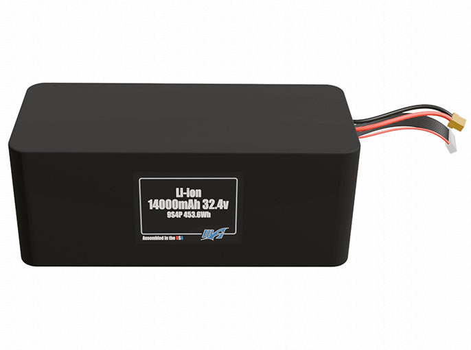 Front-facing render of the 32.4V 14000mAh 9S4P Lithium-Ion battery, assembled in the USA by maxamps, for drone and robotics applications.