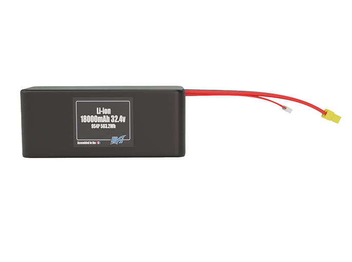 Front-facing render of the 32.4V 18000mAh 9S4P Lithium-Ion battery, assembled in the USA by maxamps, for drone and robotics applications.