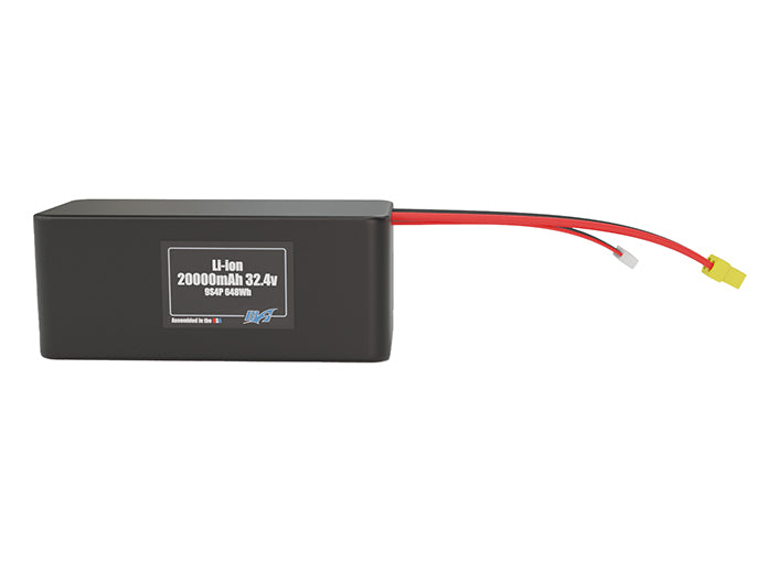 Front-facing render of the 32.4V 20000mAh 9S4P Lithium-Ion battery, assembled in the USA by maxamps, for drone and robotics applications.
