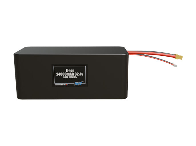 Front-facing render of the 32.4V 24000mAh 9S4P Lithium-Ion battery, assembled in the USA by maxamps, for drone and robotics applications.