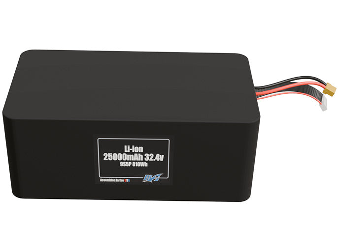 Front-facing render of the 32.4V 25000mAh 9S5P Lithium-Ion battery, assembled in the USA by maxamps, for drone and robotics applications.