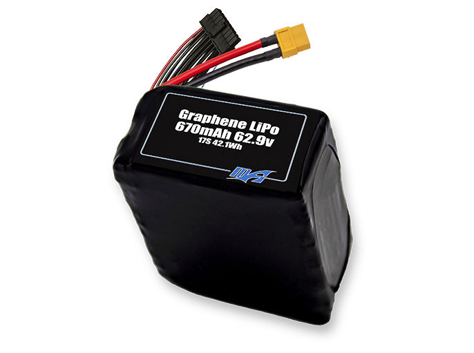 A MaxAmps Graphene LiPo 670mAh 17S 62.9 volt battery pack