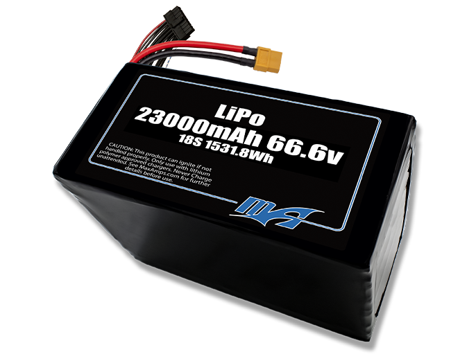 A MaxAmps LiPo 23000mAh 18S 66.6 volt battery pack