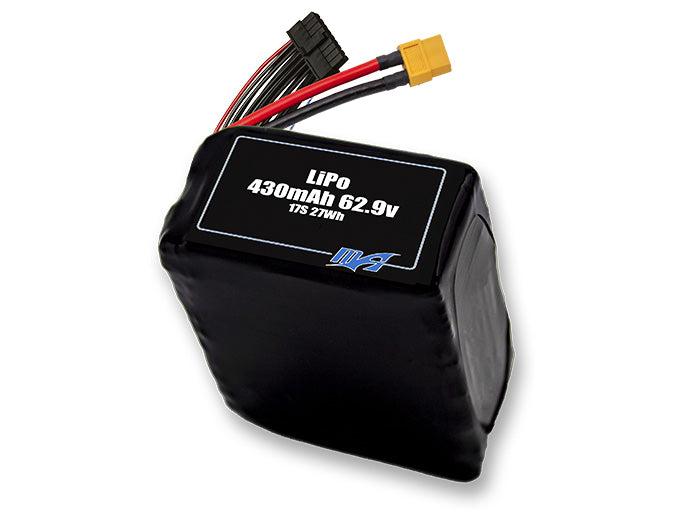 A MaxAmps LiPo 430mAh 17S 62.9 volt battery pack