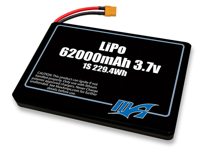 A MaxAmps LiPo 62000mAh 1S 2P 3.7 volt battery pack