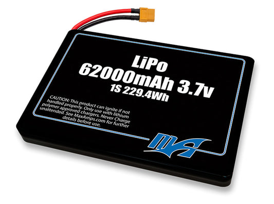 A MaxAmps LiPo 62000mAh 1S 2P 3.7 volt battery pack