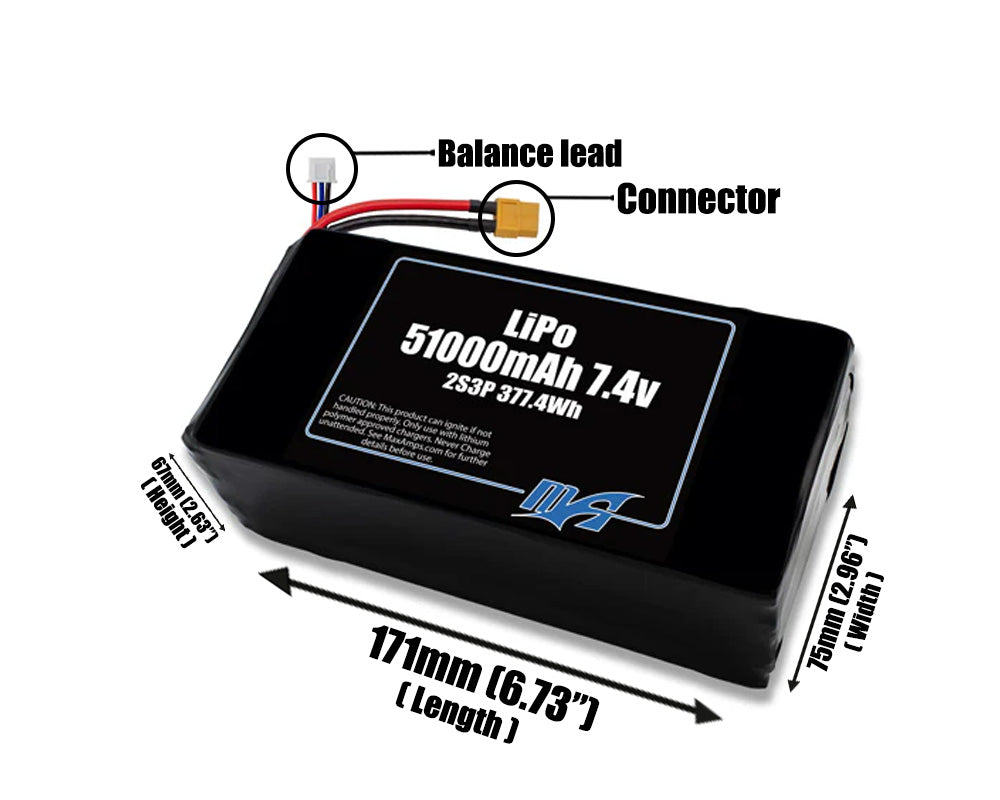 LiPo 51000mAh 2S3P 7.4v Battery Pack