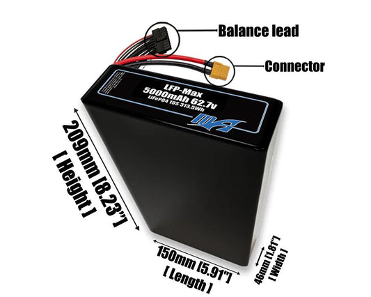 Size reference photo of the 5000mAh 62.7V LFP-Max LiFePO4 pack showing 150 mm by 46 mm by 209 mm dimensions ideal for drones or large robotic systems where space matters.