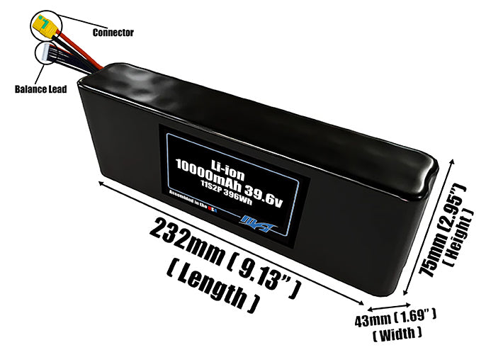 Size reference photo of the 10000mAh 39.6V Li-ion pack showing 232 mm by 43 mm by 75 mm dimensions ideal for drones or small robotic systems where space matters.